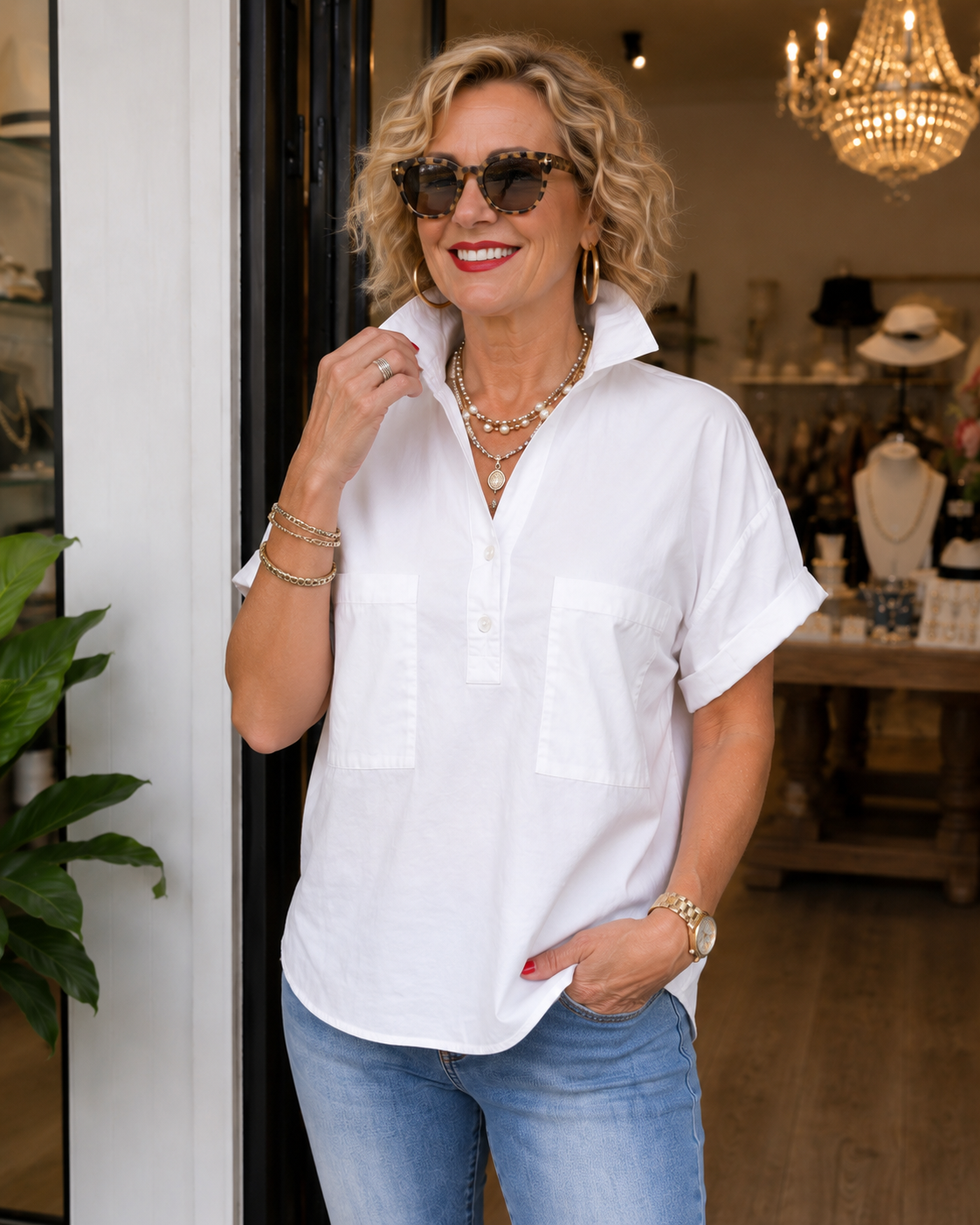 Women’s White Stand Collar Button-Back Relaxed Blouse